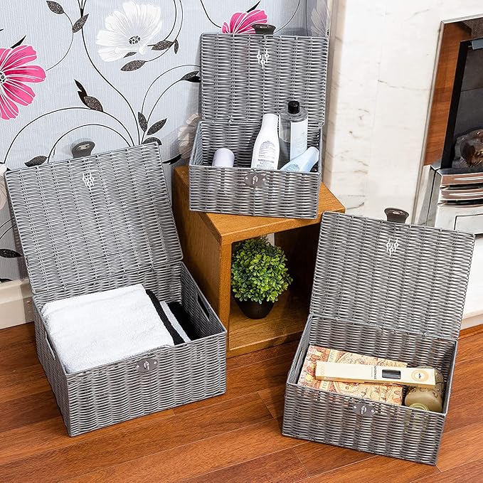 Set of 3 Woven Wicker Storage Basket Box with Lids & Lock, Built-in Carry Handles, Multifunctional Storage Organizer for Nursery, Baby, Clothes, Toys, Books, Large/Medium/Small Size (Grey) - Image 6