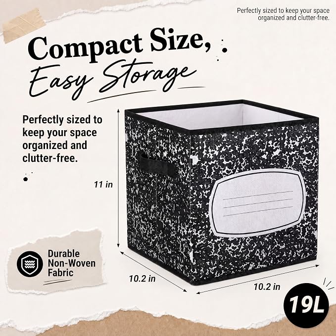 Yookeer 12 Pcs 11 Inch Composition Notebook Fabric Storage Cube Bin with Handle Zebra Print Foldable Classroom Container Cubby Basket for Back to School Decoration Office Home Nursery Organizer - Image 3