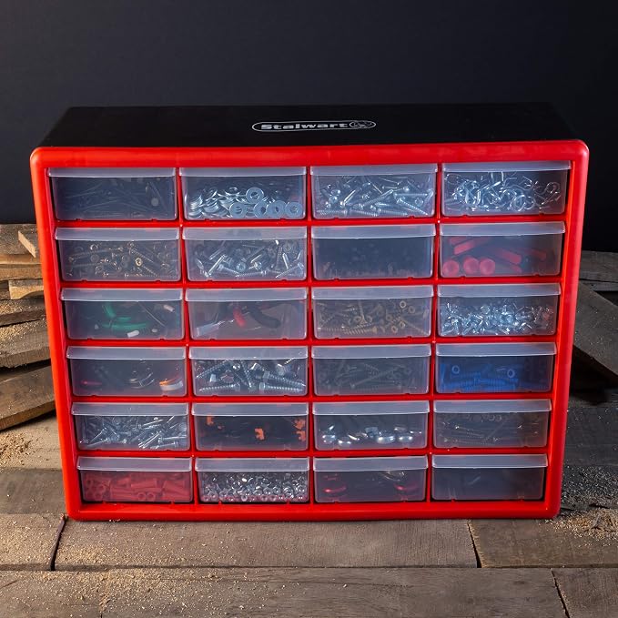 Stalwart Plastic 24 Drawer Organizer Compartment Parts Storage Cabinet, Red | Tabletop, Desktop, or Wall Mount Container - Small Parts Organizer for Hardware, Craft Supplies, Beads, or Tools - Image 2
