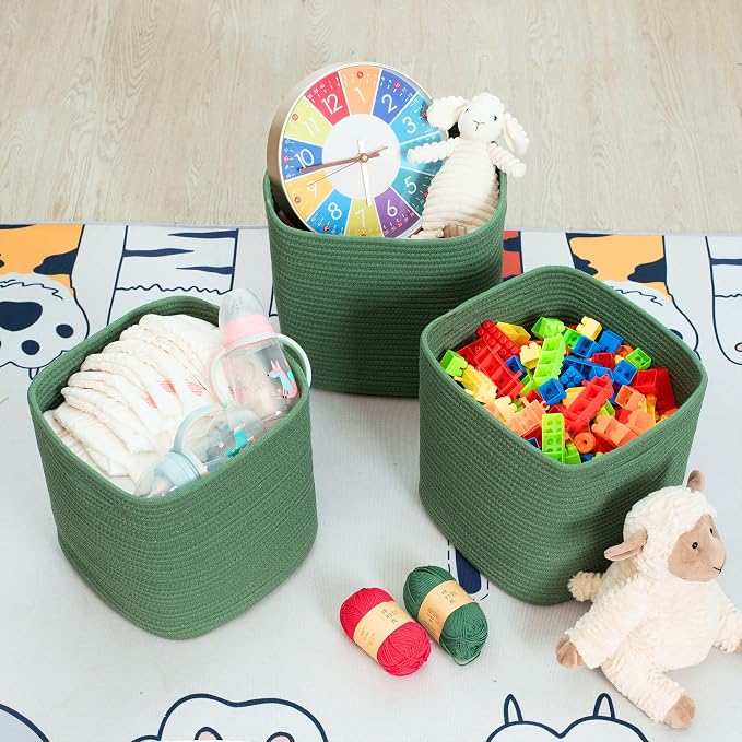 3-Pack 11x11 Inch Cube Storage Bin, Woven Storage Cube Organizer, Closet Organizer, Cute Square Storage Bins, Decorative Classroom Bathroom Pantry and Shelf Baskets, Green - Image 5