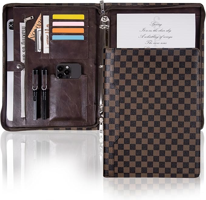 Calfinder Leather Portfolio Binder with Zipper, Brown Business Padfolio for Women and Men,3 Ring Padfolio with Pad 13" Holder for Interview（Brown-Grid） by Calfinder