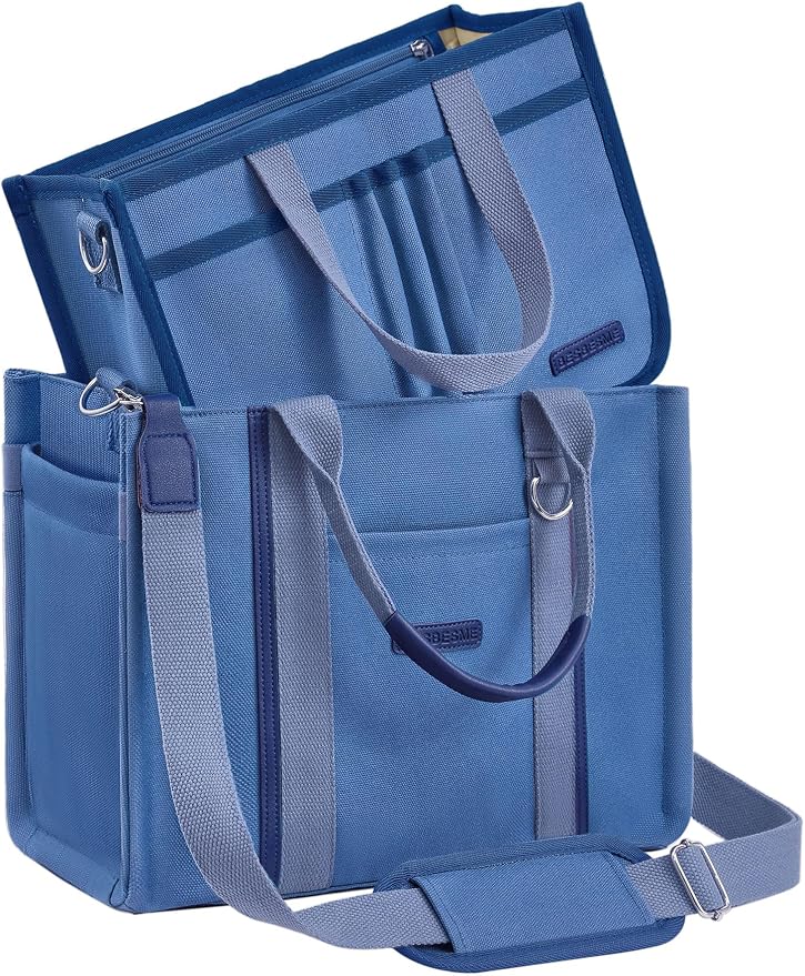 BESBESME Women’s Canvas Tote Bag with Zipper and Compartments – Multi-Pocket Laptop Work Crossbody Shoulder Tote Purse by BESBESME