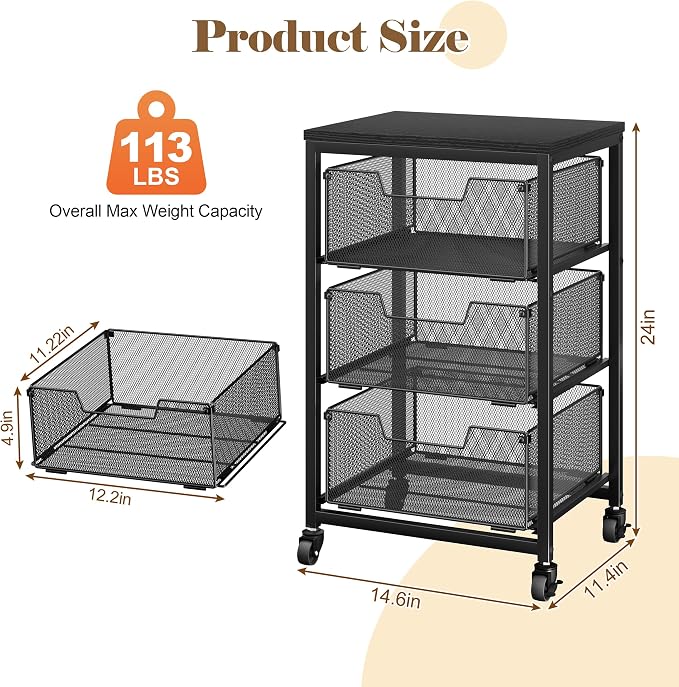 Under Desk Storage Cart with Lockable Wheels, 3-Drawer Rolling Storage Cart, Metal Utility Cart with Drawers for Art Cart, Craft Cart, Classroom, Office, Kitchen, Bedroom - Image 2