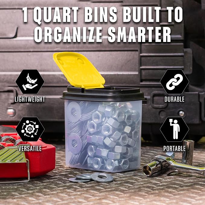 Buddeez Stackable Hardware Storage Bins, Workshop Organizer 1 Quart 12-Pack | Clear bins for easy visibility, Stackable lids, Organizes nuts, bolts, screws and small parts, Workshop or garage storage - Image 7