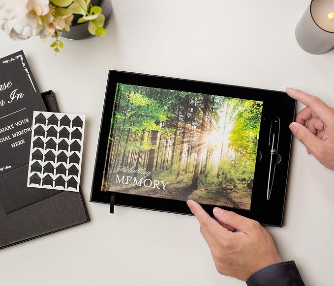 Forest Hardcover Funeral Guest Book - 9.5 x 7 Celebration of Life Guestbook for Memorial Service with 5x7 Paper Sign, Pen, Black Photo Corner Stickers - Image 8
