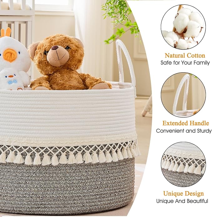 KAKAMAY Large Blanket Basket with Handles, Storage Basket for Living Room | Extra Large Capacity | Natural Cotton Rope | Blanket Storage | Woven Storage Basket | Stuffed Animal Storage | Laundry Basket - Image 2
