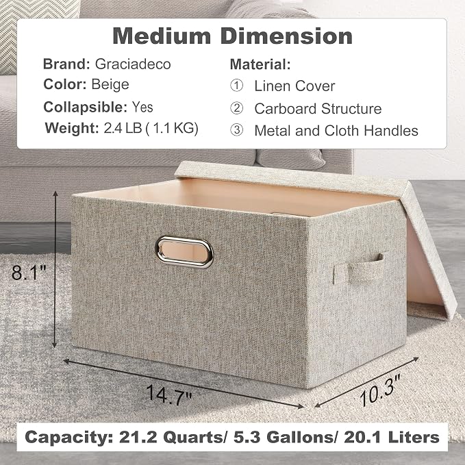 Graciadeco Medium 15" 21 Quart Collapsible Stackable Storage Bins with Lids, 1 Pack Beige Foldable Fabric Closet Storage Boxes with Lids, Heavy-duty Linen Baskets for Bedroom | 21 Quart 1 Pack Beige Collapsible Stackable Linen Fabric 4 Handles Bedroom ... - Image 2