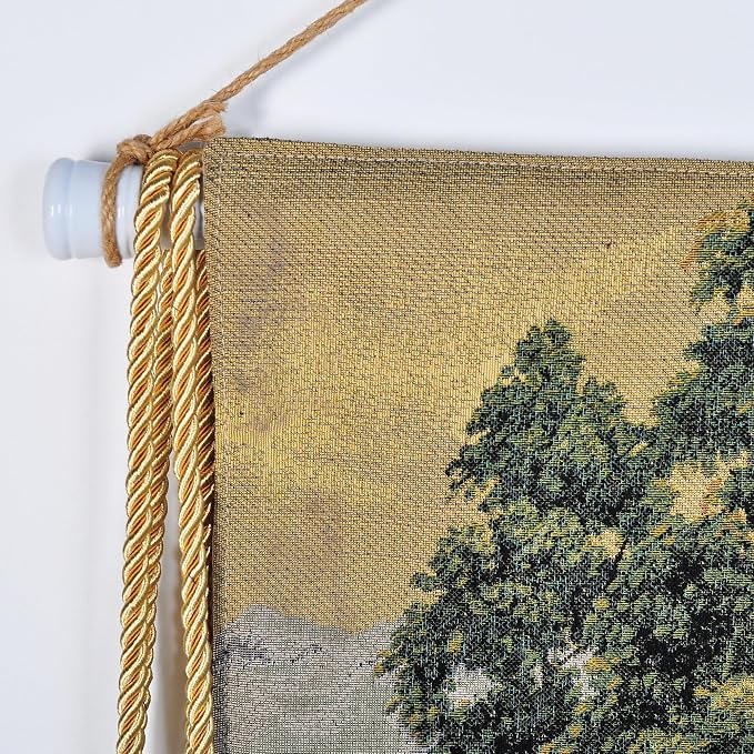 Vintage Nature Tapestry Wall Hanging Set with Telescopic Rod & Tassels - Jacquard Woven Fabric Aesthetic Country Landscape Wall Tapestry for Bedroom/Living Room Decor Green Art (42"x27") (Earthy - greens, lake scene with boat and hills) - Image 8
