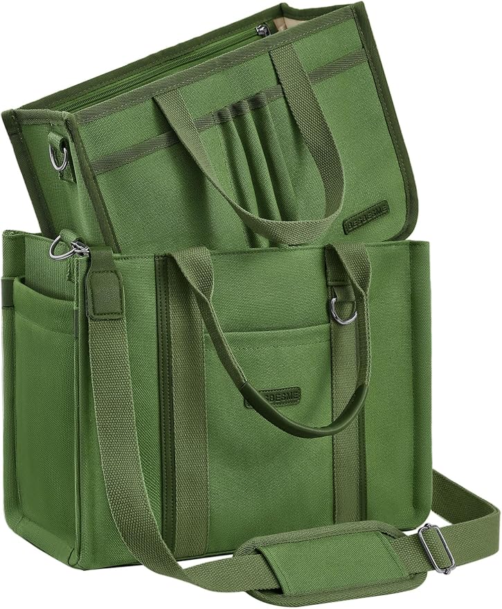 BESBESME Women’s Canvas Tote Bag with Zipper and Compartments – Multi-Pocket Laptop Work Crossbody Shoulder Tote Purse by BESBESME