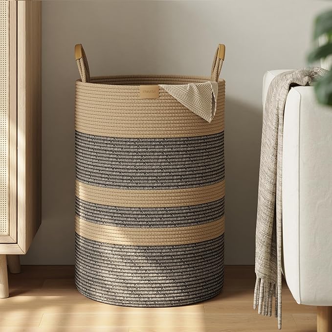 Nunsino 95L Striped Laundry Hamper with Leather Handles,Large Foldable Laundry Basket for Clothes,Cotton Rope Storage Bin for Blankets,Woven Clothes Basket for Bedroom,Dark Brown Stripes by Nunsino