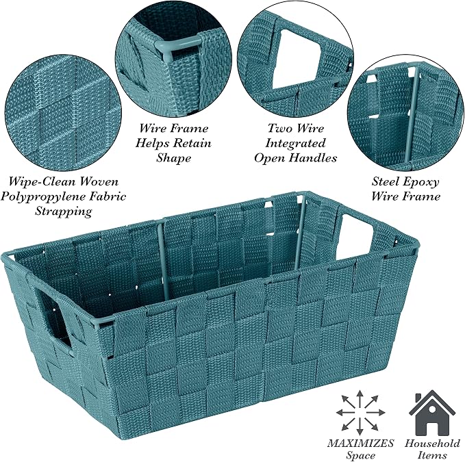 Simplify Small Shelf Woven Strap Tote | Decorative Storage Basket | Built in Handles | Organization | Closet | Bedroom | Bathroom | Nursery | Accessories | Toys | Gifts | 4 Pack | Sapphire - Image 2