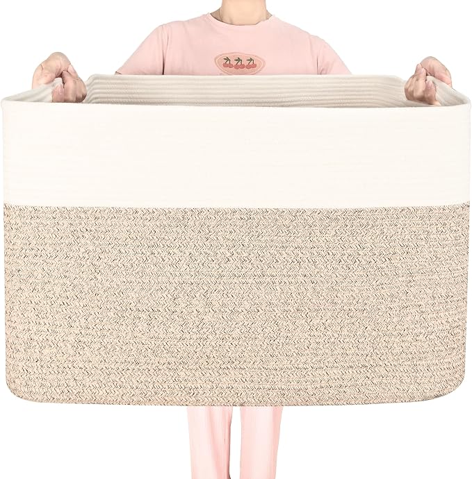 112L Extra Large Blanket Basket Holder Living Room, 25"x17"x16" Rectangle Rope Woven Storage Basket with Handles for Laundry, Pool Towels, Shoes, Dog Toy Organizer Bin Box, Light Brown by MINTWOODDesign