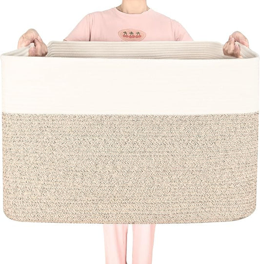 112L Extra Large Blanket Basket Holder Living Room, 25"x17"x16" Rectangle Rope Woven Storage Basket with Handles for Laundry, Pool Towels, Shoes, Dog Toy Organizer Bin Box, Light Brown by MINTWOODDesign