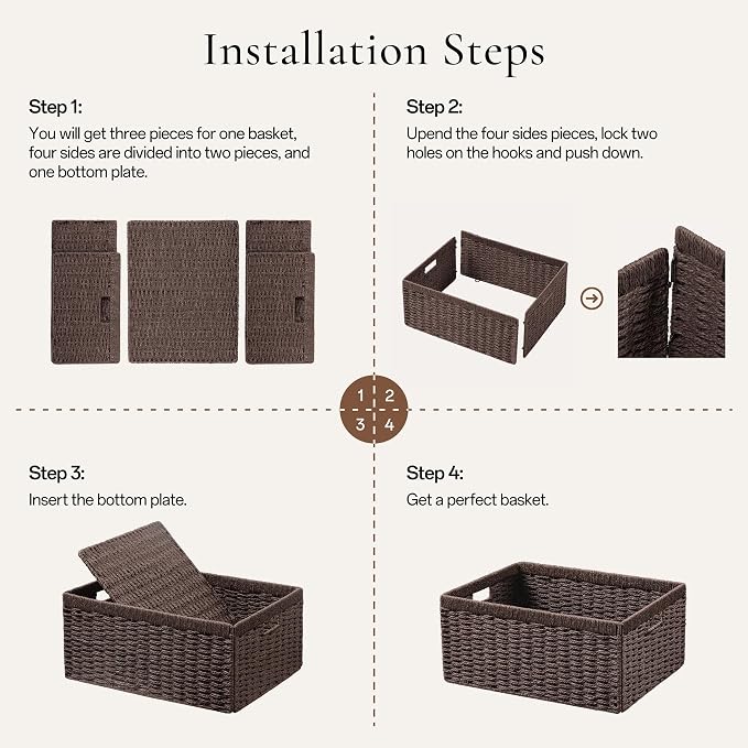 joybest Dark Brown Wicker Baskets for Shelves, Hand-woven Storage Baskets | 13L x 10W x 5H inch for Pantry, Kichen Organizing, Foldable Rectangular Bin with Handles, 4-pack - Image 7