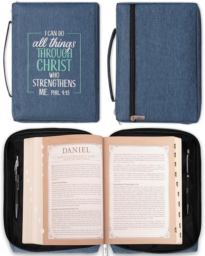 Christian Art Gifts Men/Women's Bible Cover I Can Do All Things Philippians 4:13, Blue/Turquoise Canvas, Large - Image 2