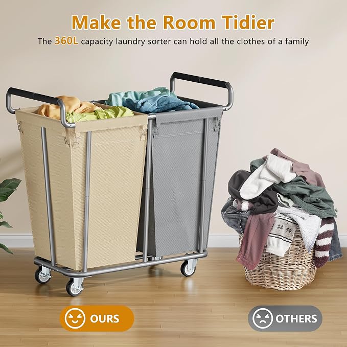 Gewudraw 2 Bag 360L Laundry Baskets with Wheels Heavy Duty | Big Rolling Hamper with Removable Bags, Heavy-Duty Steel Frame, Industrial Laundry Basket Organizer for Laundry Room - Image 4