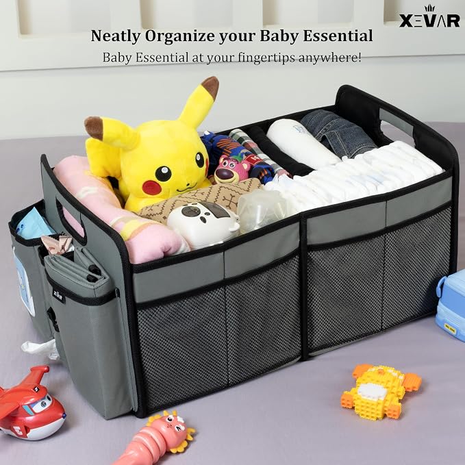 Baby Diaper Caddy Organizer with Changing Mat - Portable Car Caddy for Newborn Essentials, Diapers & Wipes, Perfect for Baby Shower and New Mom | Oxford Fabric, Grey - Image 7