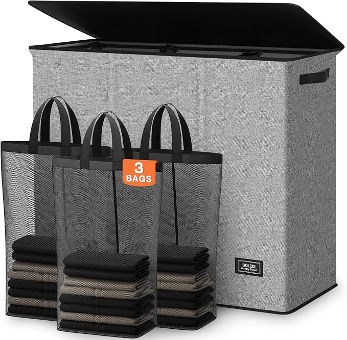 SOLEDI Large Laundry hamper 3 Section with Laundry Bag, XL Clothes Basket | 3-Section Large capacity Laundry Sorter with Odor-Blocking Lid, Robust Iron Frame & Waterproof 600D Fabric, 3 Washable Bags by SOLEDI