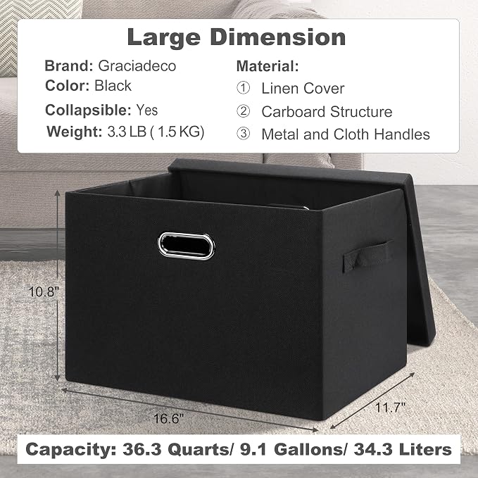 Graciadeco Large 17" 36 Quart Collapsible Stackable Storage Bins with Lids, 1 Pack Black Foldable Fabric Closet Storage Boxes with Lids, 4 Handles Heavy-duty Linen Cube Baskets for Bedroom | 36 Quart 1 Pack Black Collapsible Stackable Linen Fabric 4 Ha... - Image 2