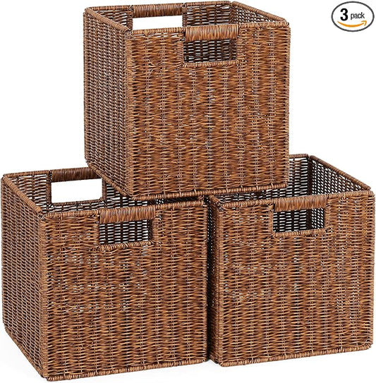 11X11X11in Brown Plastic Wicker Storage Basket, Foldable Cube Woven Storage Basket for Shelves, 11x11 Cube Storage Bins Set of 3, Wicker Storage Baskets for Laundry Nursery Room by TAIMEI%26G02