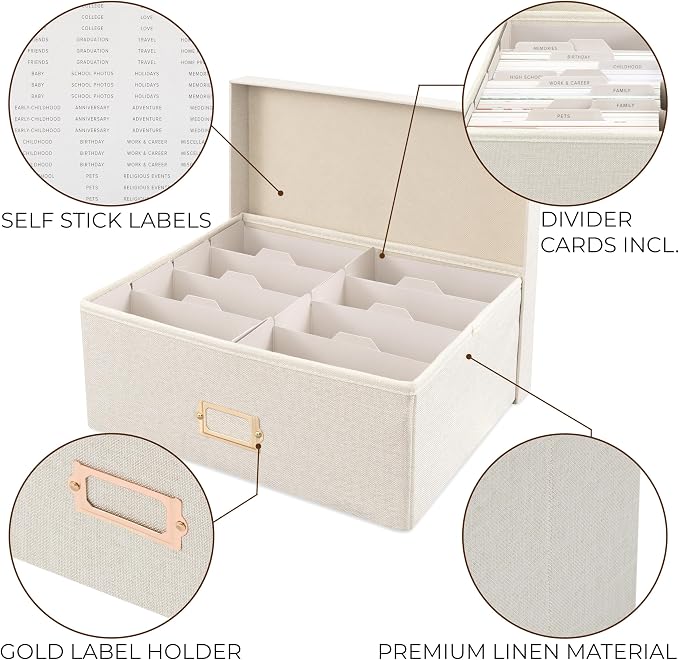 Decorative Photo Storage Box - Sturdy Linen Organizer Holds 1700 Photos | Organizer with Dividers Stores Up to 1700 4x6 Pictures - Portable Scrapbook Storage Containers with Lid - Image 6