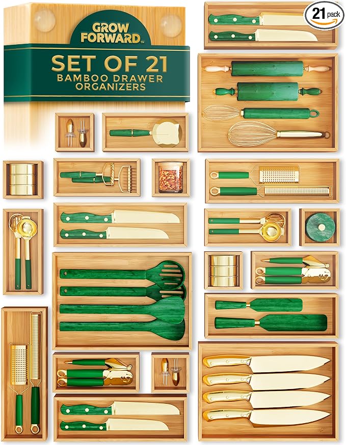 Grow Forward Bamboo Drawer Organizer Boxes - Set of 21 Wooden Drawer Organizers for Kitchen, Bathroom, Office, Desk, Vanity, Makeup - Non-Slip Junk Drawer Organizer Trays for Storage and Organization by GrowForward