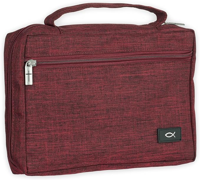 Christian Art Gifts Polyester Bible Cover for Men & Women w/Jesus Fish Patch, Secure Zipper Pocket, Pen Loops, Easy Carry Stationery Book Case, Accessories, Burgundy, Large by ChristianArtGifts