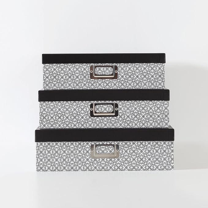 SLPR - Black and White Nesting Storage Boxes with Lids, Set of 3 | Decorative Paperboard Scrapbook Box Set for Keepsakes, Photos and Letter Papers, Large Cardboard Memory Organizers - Image 2