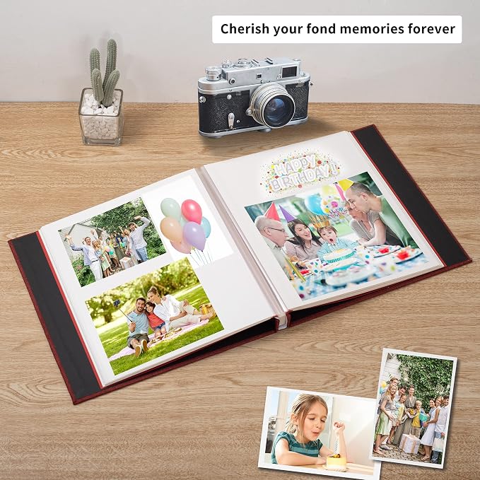 Large Photo Album Self Adhesive for 4x6 5x7 8x10 Pictures Magnetic Scrapbook Album 20 Sheets / 40 Pages Linen Cover DIY Photo Album with A Metallic Pen and and Plastic Board(Red) - Image 2