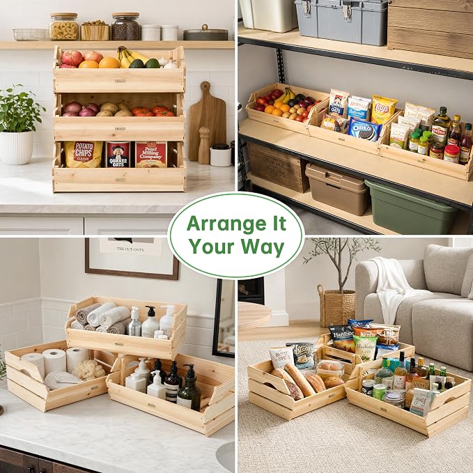 HABAU Stackable Wooden Storage Crates, Rustic Farmhouse Wood Bins with Handles, Decorative Home Organizer for Produce, Potatoes, Onions, Snacks, 3 Pack - Image 6