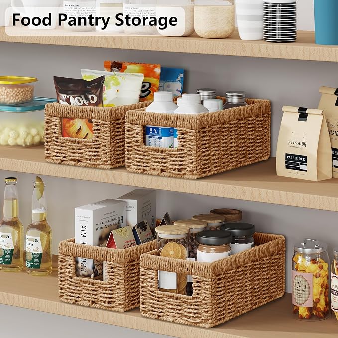 Wicker Storage Basket, Set of 2 Hand Woven Wicker Baskets for Organizing with Handles, Decorative Small Storage Bins for Countertop Toilet Paper Basket for Toilet Tank Top, Shelves, Natural - Image 5