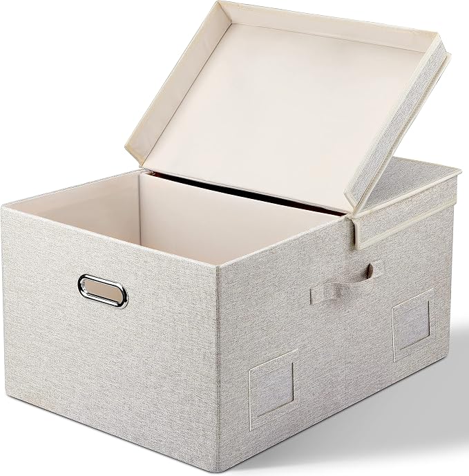 Storage Bins with Lids Fabric Closet Organizers Cubes Office Organization | 75 Quarts 1 Pack Beige Collapsible Stackable Linen Fabric 4 Handles Bedroom Closet Cabinet Under Bed Clothes Toy Office File by GraciadecoStorage