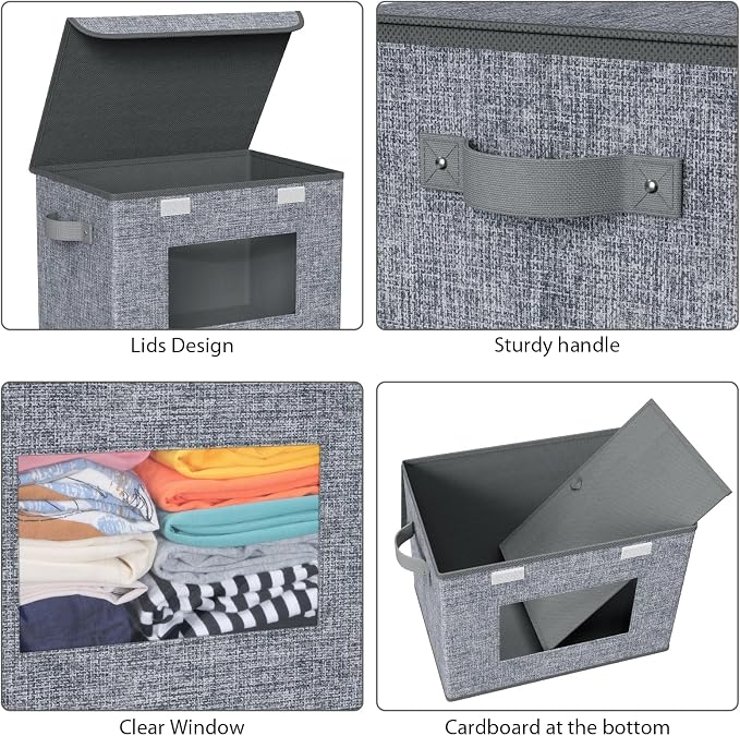 Univivi Fabric Storage Bins with Lids for Clothes 4 Pack, Grey Linen | 17 x 12 x 12 In Foldable Storage Boxes with Handles, Clear Window, Closet Organizers for Home, Bedroom - Image 4
