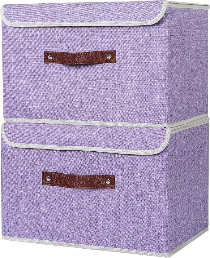 ANMINY Fabric Storage Box Bins with Lids, Purple, 15"x10"x10", 2 Pack | Keepsake Memory Storage, Cotton Linen, PP Board Reinforced, Washable, PU Handles, Foldable & Stackable, Decorative, Large - Image 2