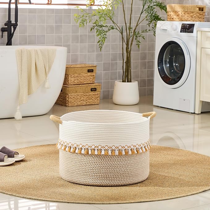 KAKAMAY Large Blanket Basket with Handles, Storage Basket for Living Room | Extra Large Capacity | Natural Cotton Rope | Blanket Storage | Woven Storage Basket | Stuffed Animal Storage | Laundry Basket - Image 6