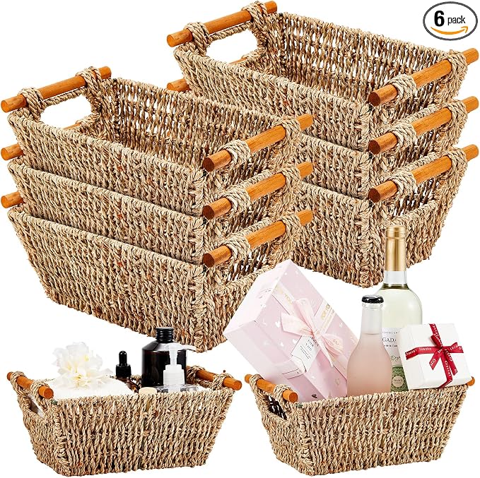 Marsui 6 Pcs Small Hand Woven Wicker Baskets with Wooden Handles, Seagrass Rattan Storage Baskets Bin Organizer Shelf Pantry for Bathroom Storage Towel Kitchen Washroom Gifts Decor, 9" x 6" x 4" by Marsui