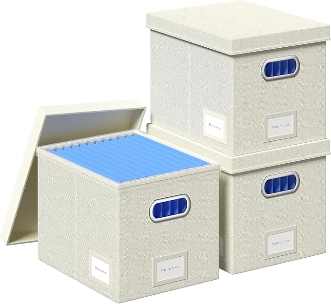File Organizer Box - File Boxes for Hanging Files with Lid Set of 3 Decorative Hanging Folders Organizer with One-Piece Plastic Frame Slides (Beige White, 13.2 * 10.1 * 10.1in(3Pack)) by FileOrganizerBoxeswithLid