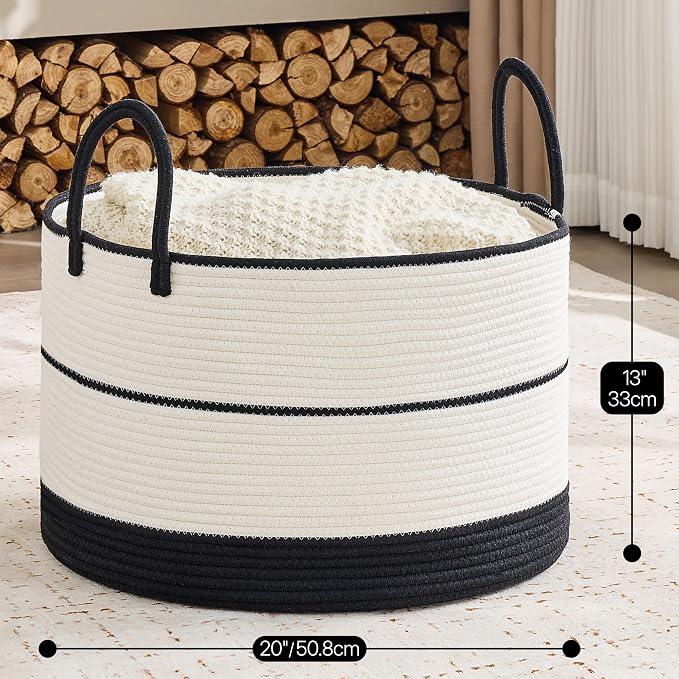KAKAMAY Large Blanket Basket with Handles, Storage Basket for Living Room | Extra Large Capacity | Natural Cotton Rope | Blanket Storage | Woven Storage Basket | Stuffed Animal Storage | Laundry Basket - Image 3
