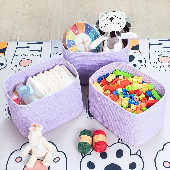 3-Pack Storage Baskets and Cube Bins for Shelves, Playroom and Classroom, Decorative Woven Closet Organizers for Books, Shoes, and Pantry Items, Lavender Purple - Image 5