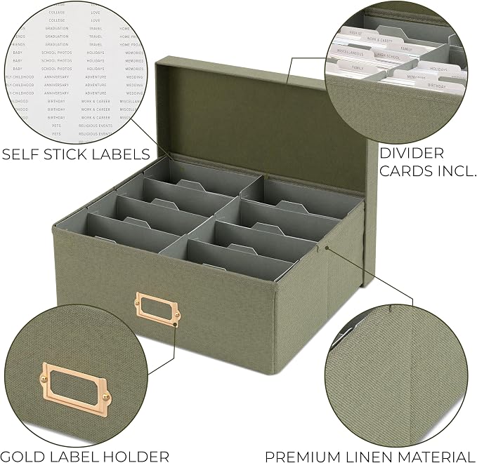 Decorative Photo Storage Box - Sturdy Linen Organizer Holds 1700 Photos | Organizer with Dividers Stores Up to 1700 4x6 Pictures - Portable Scrapbook Storage Containers with Lid - Image 6