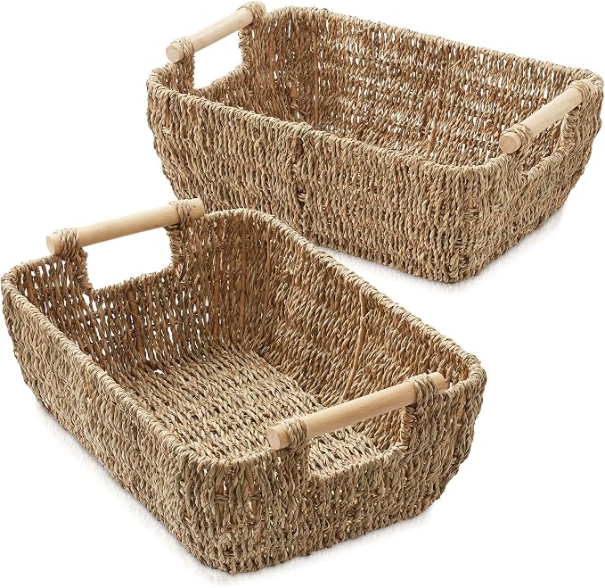 Casafield Set of 2 Seagrass Oval Storage Baskets with Wooden Handles - Medium, Woven Bin Organizers - Image 2