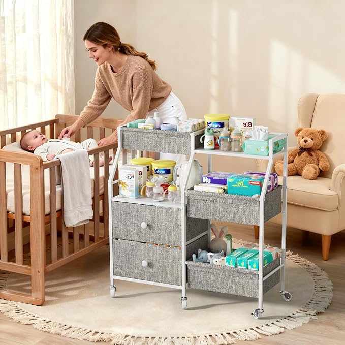 DTK Baby Diaper Caddy Organizer, 3 Tier Rolling Diaper Cart with Dividers and Drawers, Mobile Utility Baby Storage Cart with Wheels, Baby Newborn Essentials for Nursery, Bedroom, Charging Table，Crib - Image 2