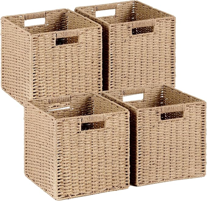 Patvingot 11-Inch Paper Rope Wicker Basket with Built-In Handles,4 Pack | For books, throws and accessories on open shelves, decorative woven texture, metal frame supports the shape, folds flat by Patvingot