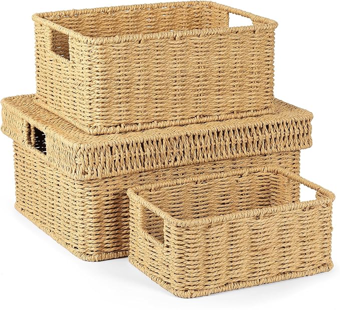 Wicker Storage Basket with Lid for Shelves, 3-Basket Set, Natural | One rectangular wicker basket with lid and two open baskets for decorative shelf storage; removable lid flips into a tray. by GANLUX