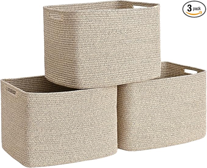 3 Pack Cube Storage Bin, 17”x12”x12” Cotton Rope Woven Baskets for Organizing Toys Clothes Towels, Square Gift Storage Baskets for Shelves, Nursery, Closet, Bathroom, Pantry (Jute) by Degeyoyo