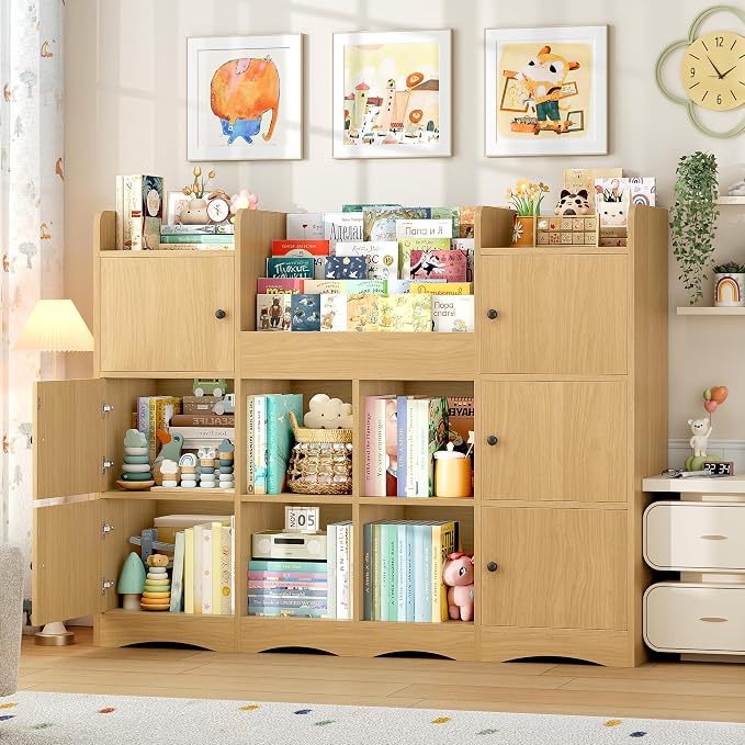 Toy Organizers and Storage with 10 Cubbies and 4 Tier Bookshelf | 55" Large Kids Bookshelf Toy Organizers and Storage with Raised-Edge Top Shelf, Playroom Storage and Toy Chest, Natural - Image 5