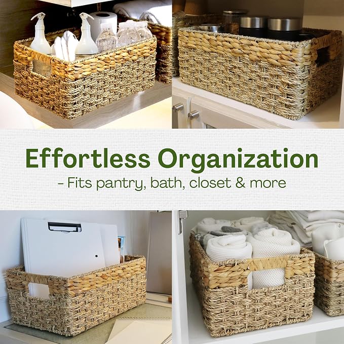 Large Wicker Storage Baskets with Handles, 17 x 11 x 7.5 Inches | Natural Seagrass and Hyacinth, Woven Storage Basket, For Organizing Shelves, Closet, Pantry, Living Room - Image 7