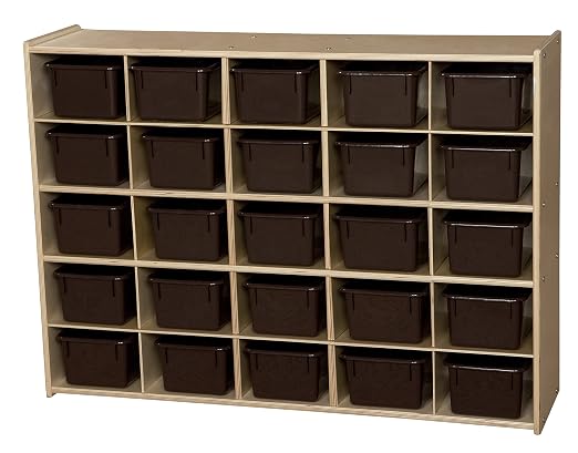 Contender Birch 25 Cubby Tray Cabinet with Brown Color Bins, Toy Storage Organizer for Toddlers, Shelving Units for Kindergarten, Daycare, Nursery, Homeschool by Contender