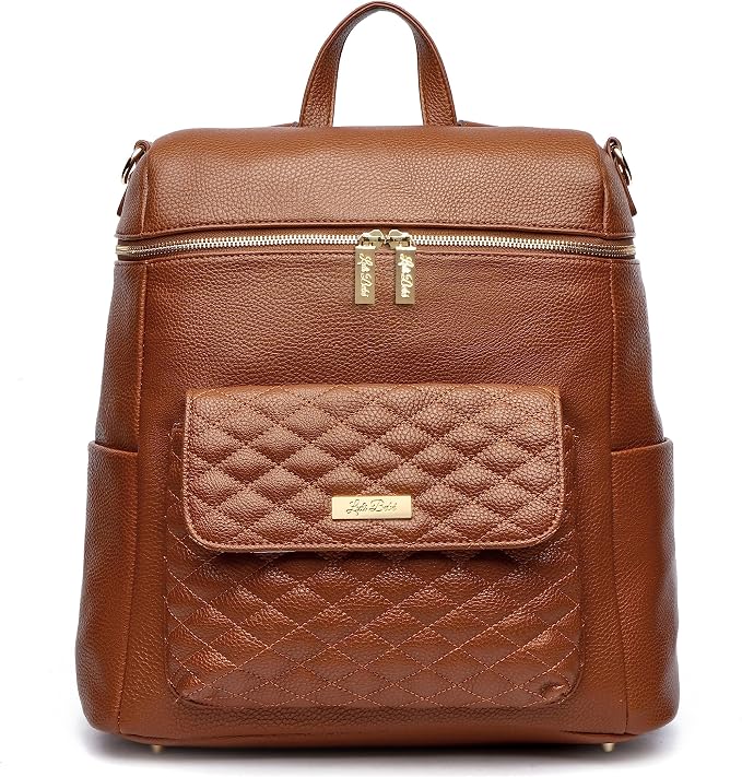 Monaco Large Diaper Bag Backpack by Luli Bebe - Designer Modern Vegan Leather Stylish Baby Backpack Diaper Bag for Mom, Multipurpose, Roomy, with Changing Pad (Caramel Brown) by LuliBeb%C3%A9