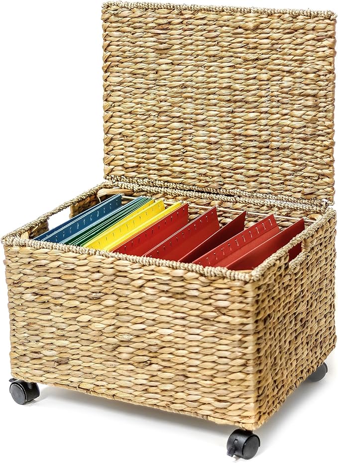Trademark Innovations Rolling File Box Wicker File Cabinet Hanging File Baskets Water Hyacinth Storage Basket by Trademark+Innovations